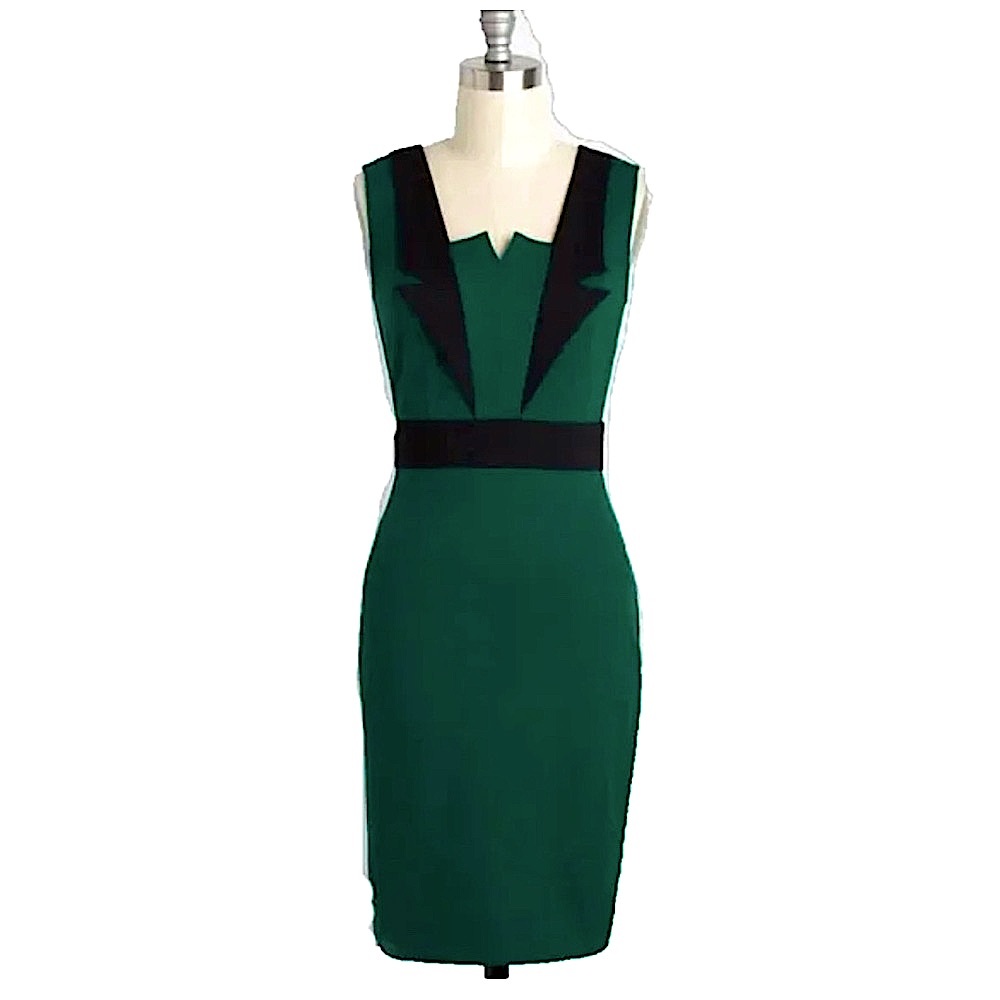 Mystic Green & Black Fitted Tuxedo Style Bodycon Dress, Women’s Size Small.
